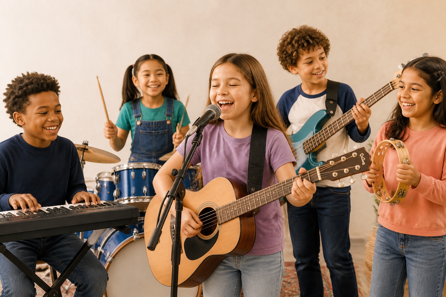 A diverse group of children singing and playing instruments together